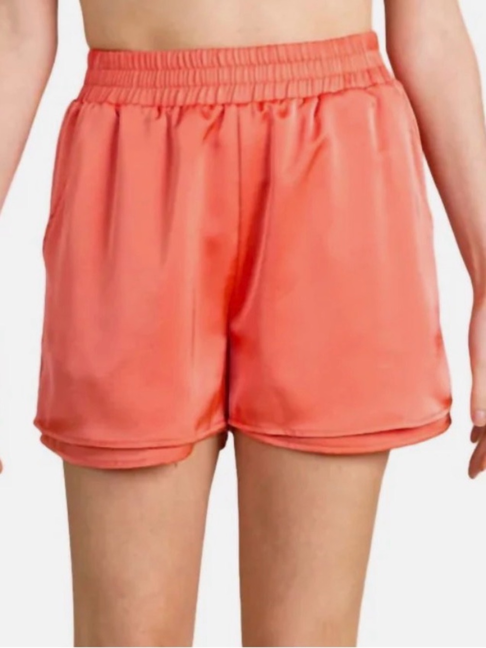 S'EDGE Coral Pink Satin Double Layered Shorts Elastic Waist Womens Small NWT
